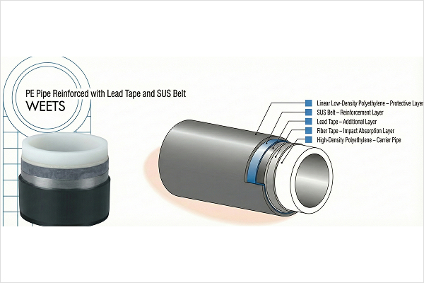 WEETS - PE Pipe Reinforced with Lead Tape and SUS Belt: Linear Low-Density Polyethylene, SUS Belt, Lead Tape, Fiber Tape, High-Density Polyethylene Carrier Pipe